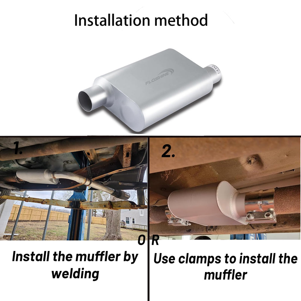 Floshine muffler mounted under vehicle demonstrating compact fit and easy installation benefit