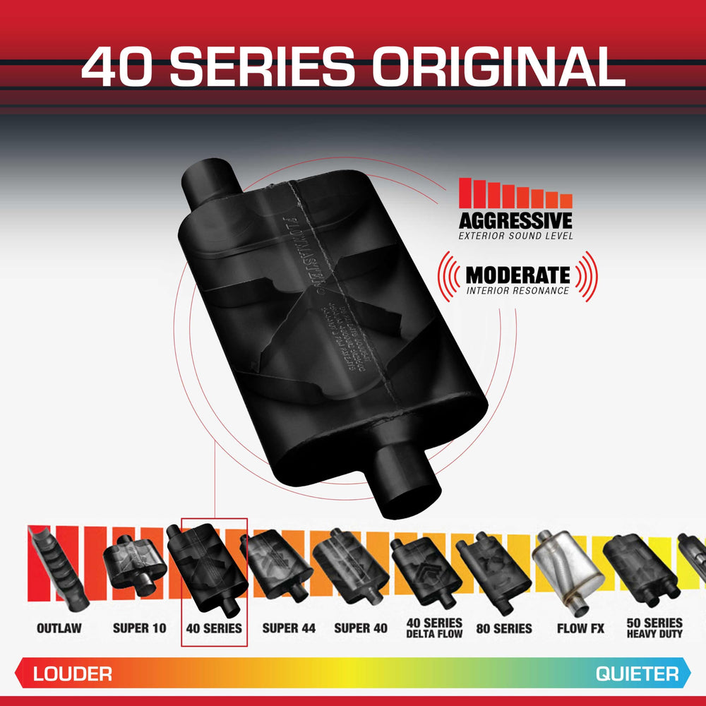 Flowmaster offset inlet close-up showing 2.25 inch fitment for custom installs