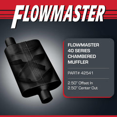 Flowmaster offset inlet detail highlighting 2.50 inch fitment benefit