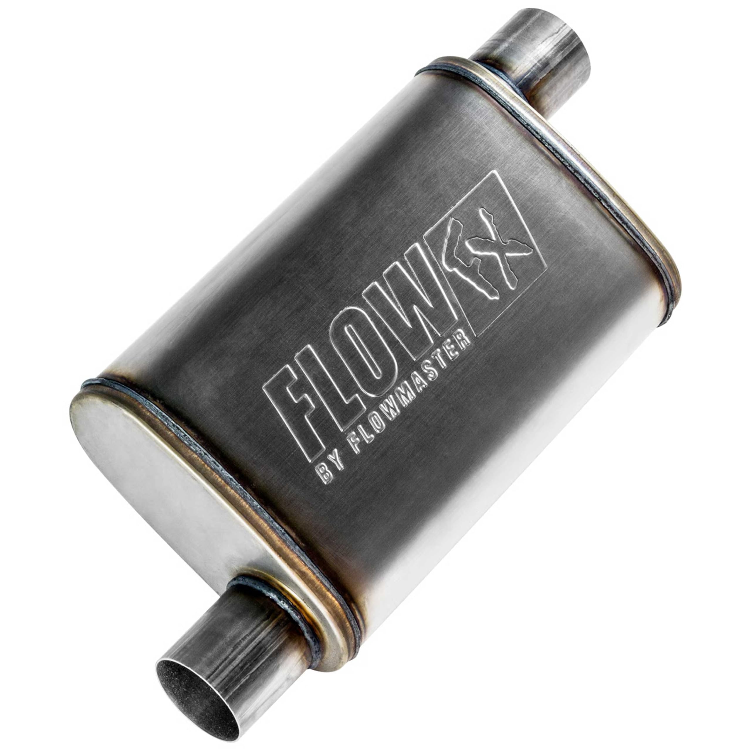 Flowmaster muffler front view showcasing durable construction and balanced tone