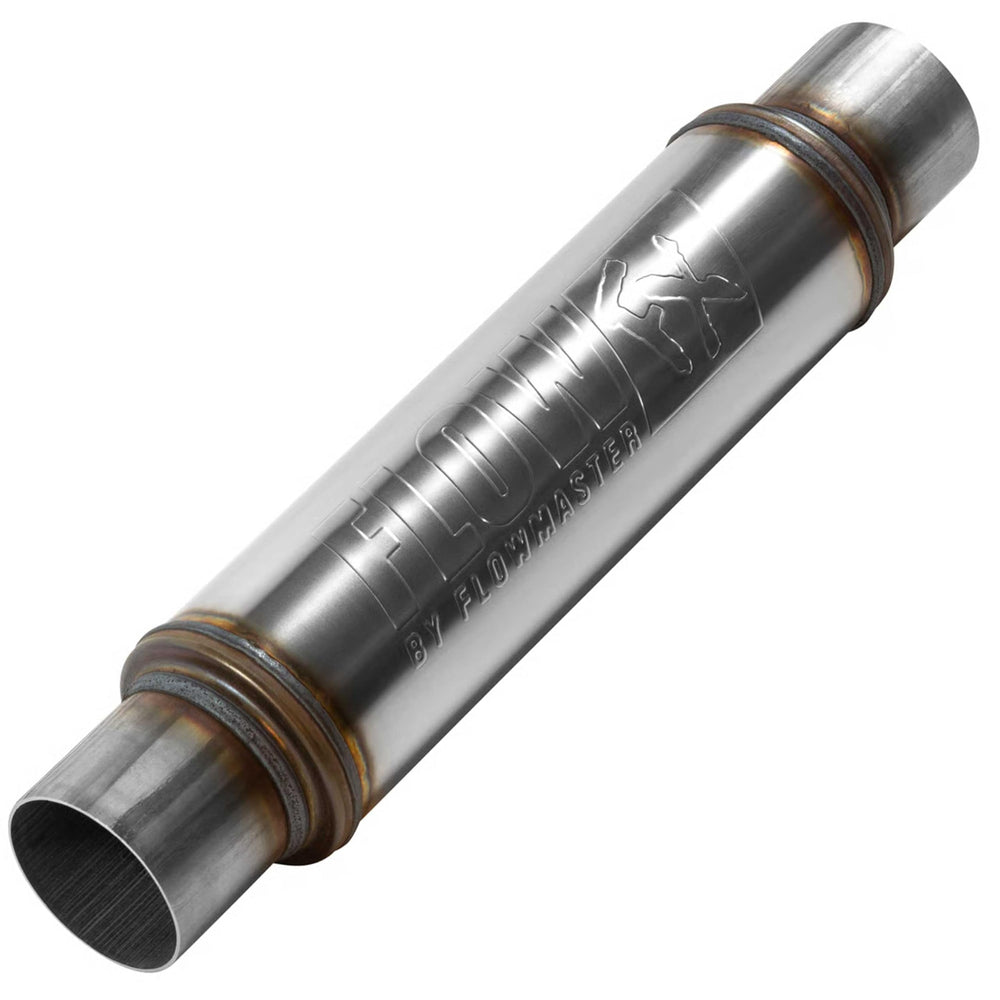 Flowmaster front profile showing inlet and outlet, enhances fitment versatility