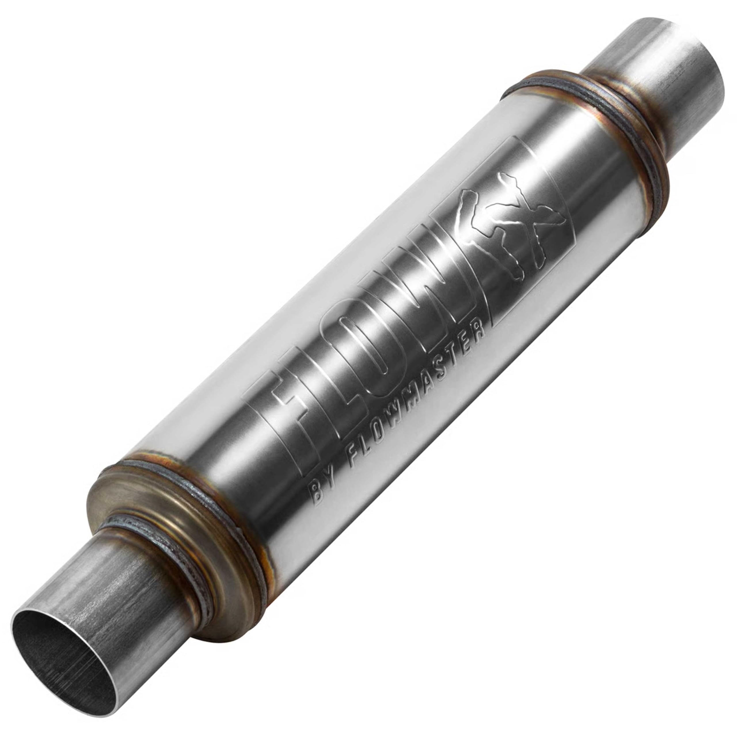 Flowmaster front view of muffler showing shape and inlet/outlet, durable finish