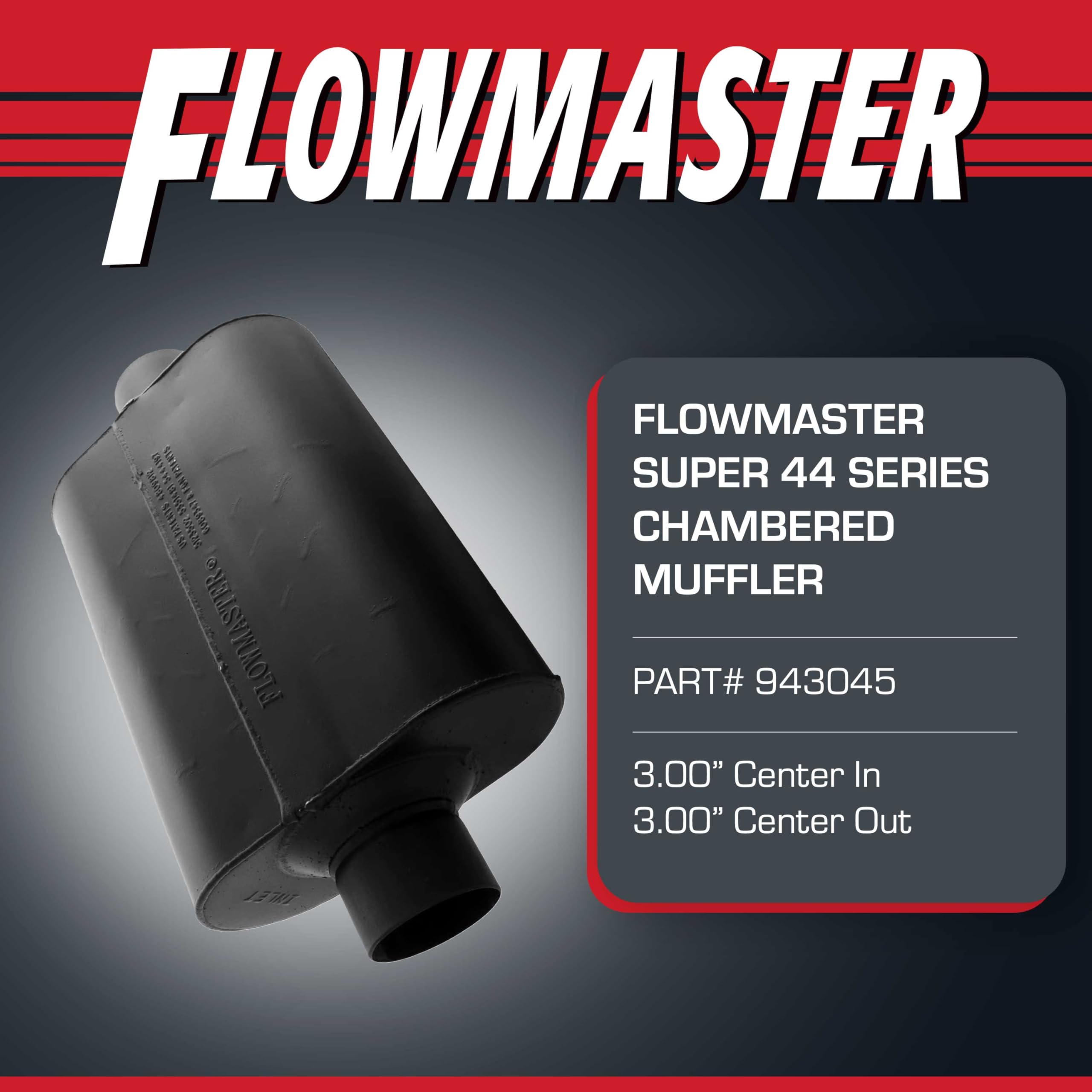 Flowmaster Super 44 angled top shot highlighting chamber layout and improved sound tuning
