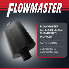 Flowmaster Super 44 angled top shot highlighting chamber layout and improved sound tuning