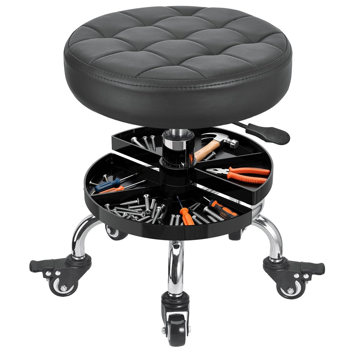 FLOLXNB front view of rolling mechanic stool showing compact design and accessibility