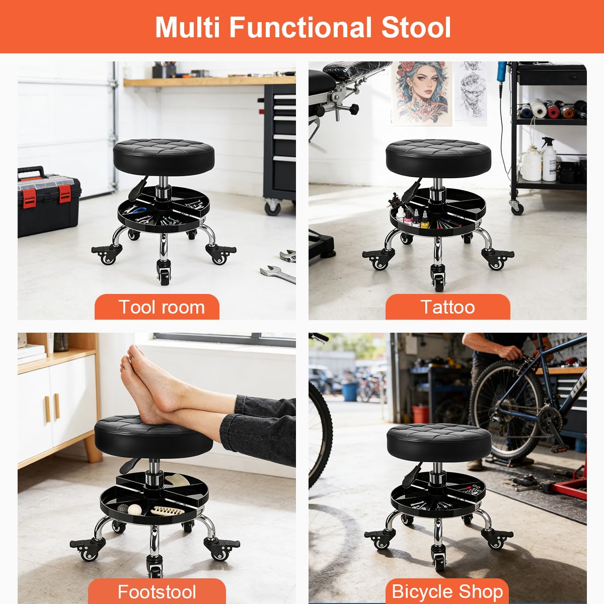 FLOLXNB stool beside a toolbox to illustrate compact scale and portability