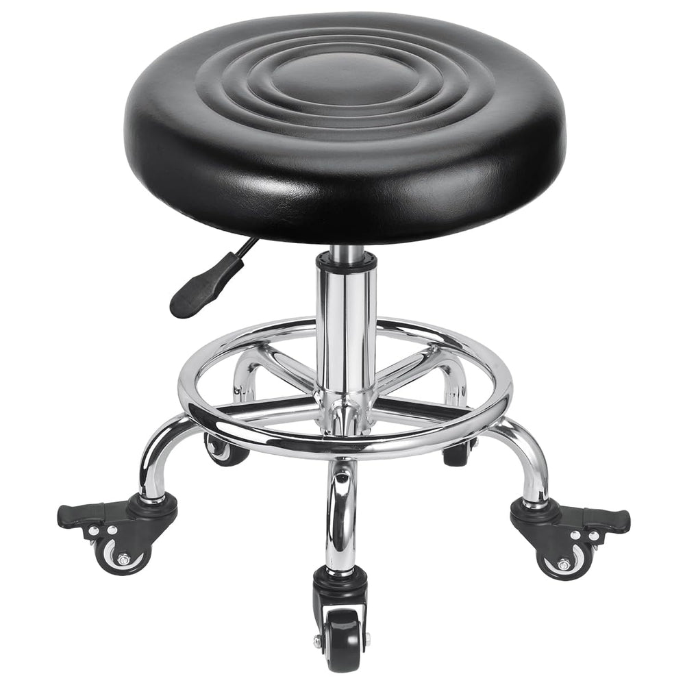 FLOLXNB front view of rolling stool showing compact stable base and padded seat for comfortable seating