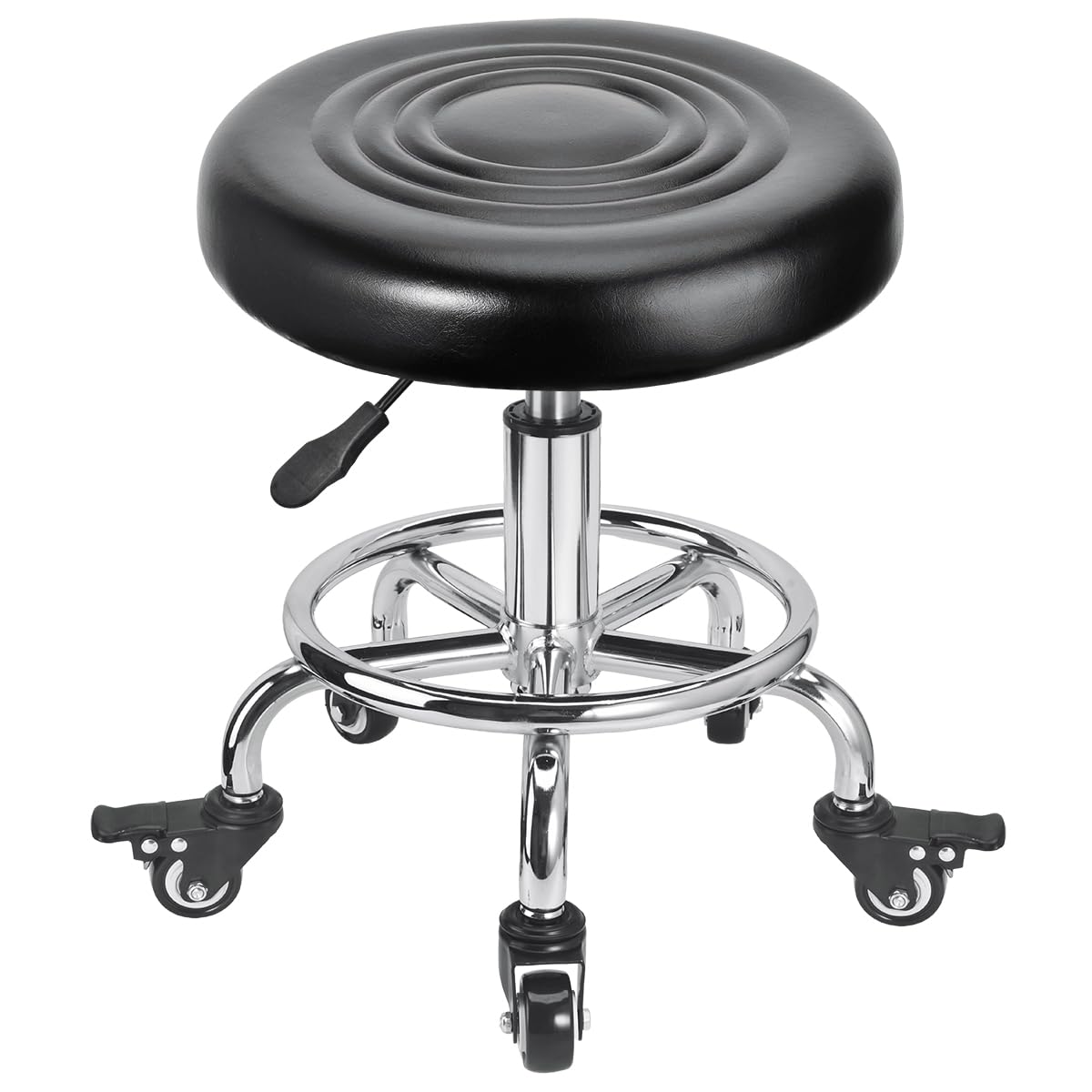 FLOLXNB front view of rolling stool showing compact stable base and padded seat for comfortable seating