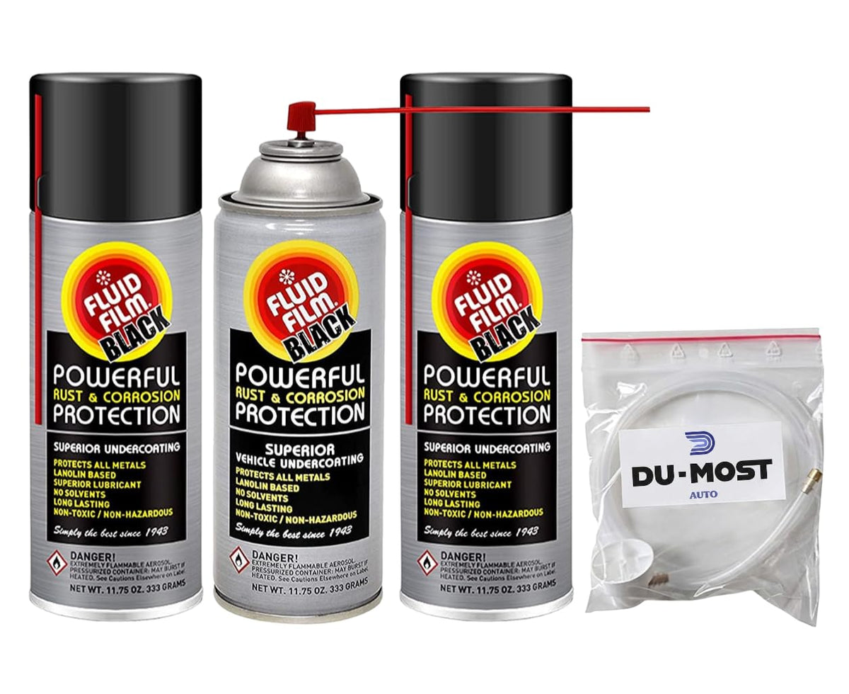 Fluid Film Black three aerosol cans front view showing kit benefits