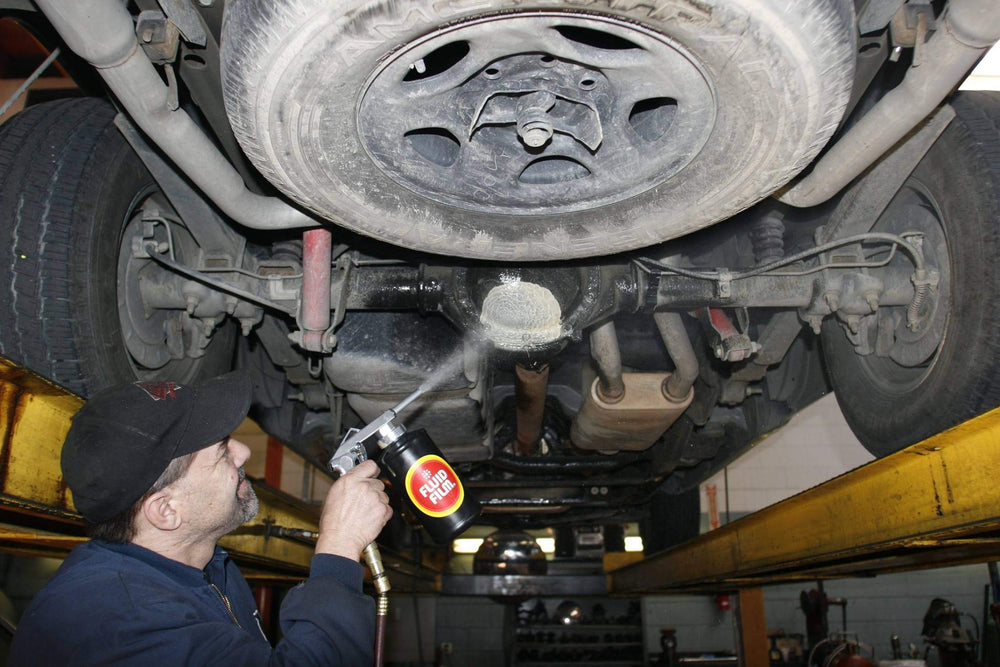Fluid Film Black spray pattern on vehicle frame demonstrating coverage