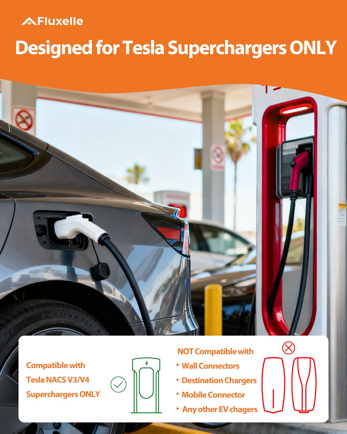 Fluxelle adapter connected to a Tesla Supercharger demonstrating fast charging access