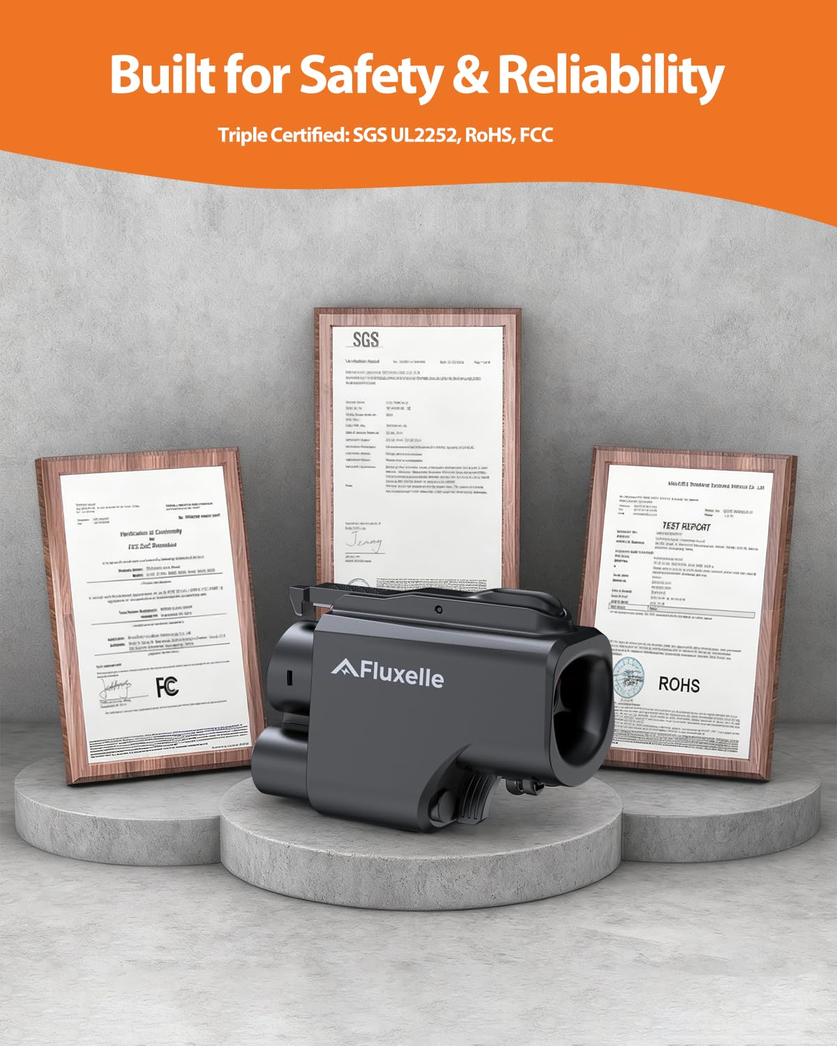Fluxelle branded packaging and labels showing UL2252 certification and product info
