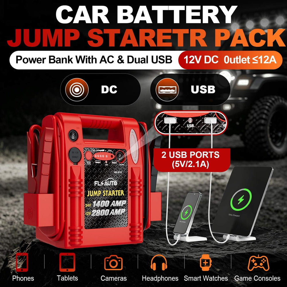 FlyAuto USB and DC ports visible for charging phones and 12V accessories