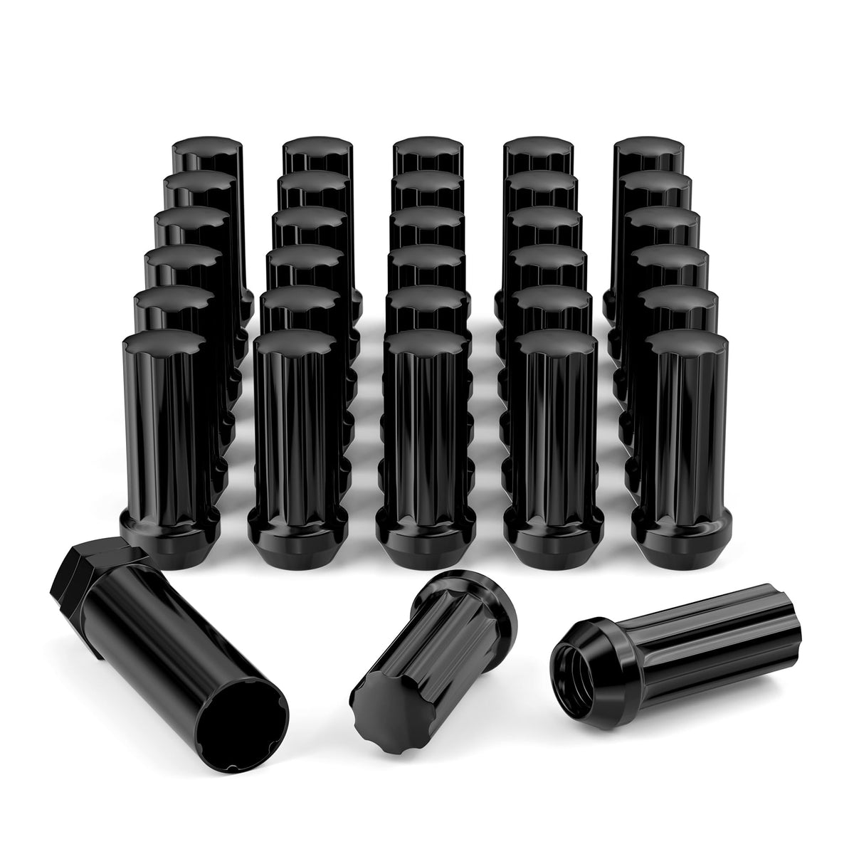FLYCLE front packaging showing 32 black lug nuts and socket, clear kit view