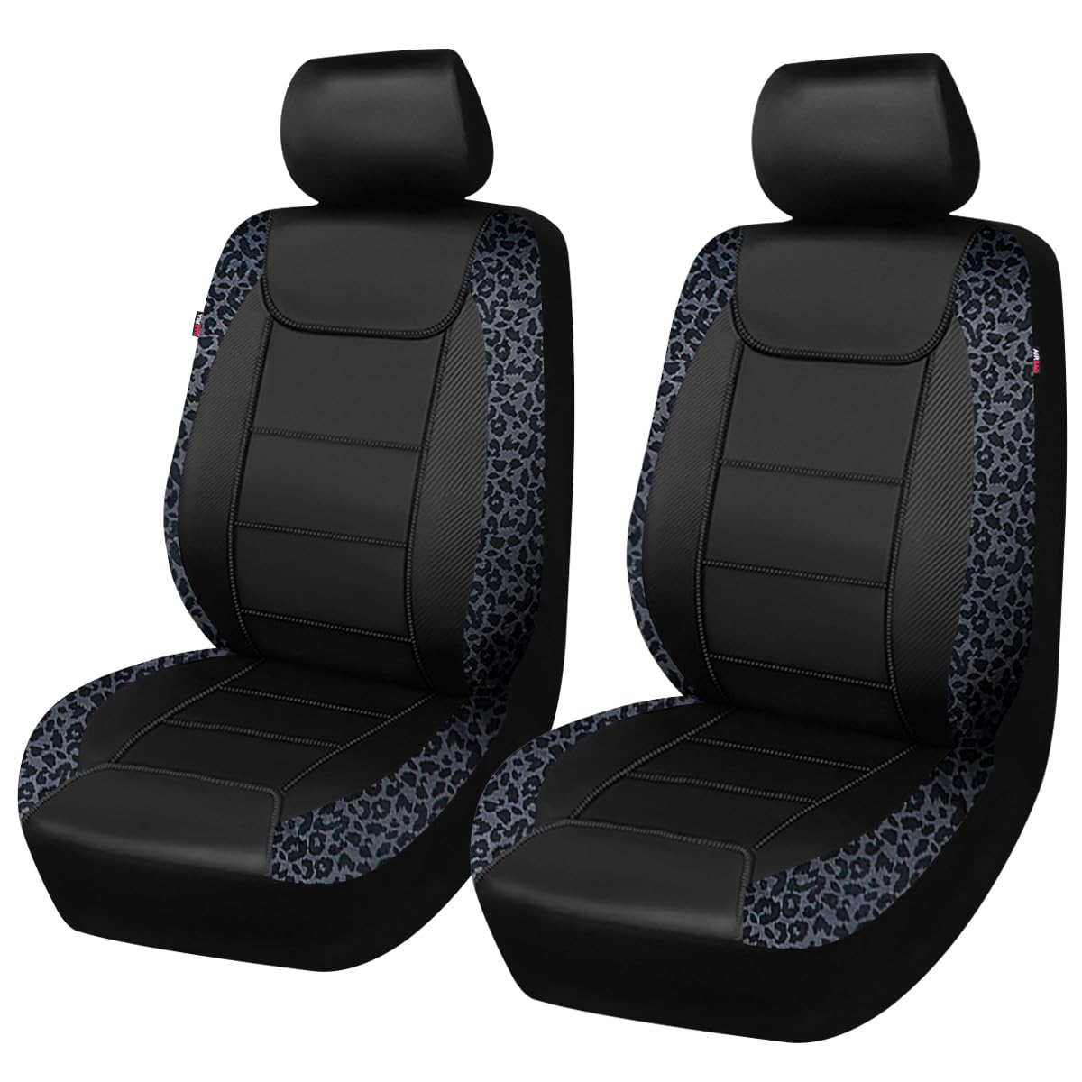 Flying Banner front seat covers full view showing leopard gray velvet and black faux leather for stylish protection