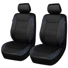Flying Banner front seat covers full view showing leopard gray velvet and black faux leather for stylish protection