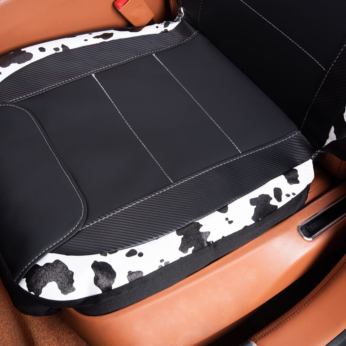 Flying Banner seat cover showing seatbelt opening and airbag seam for safe accessibility