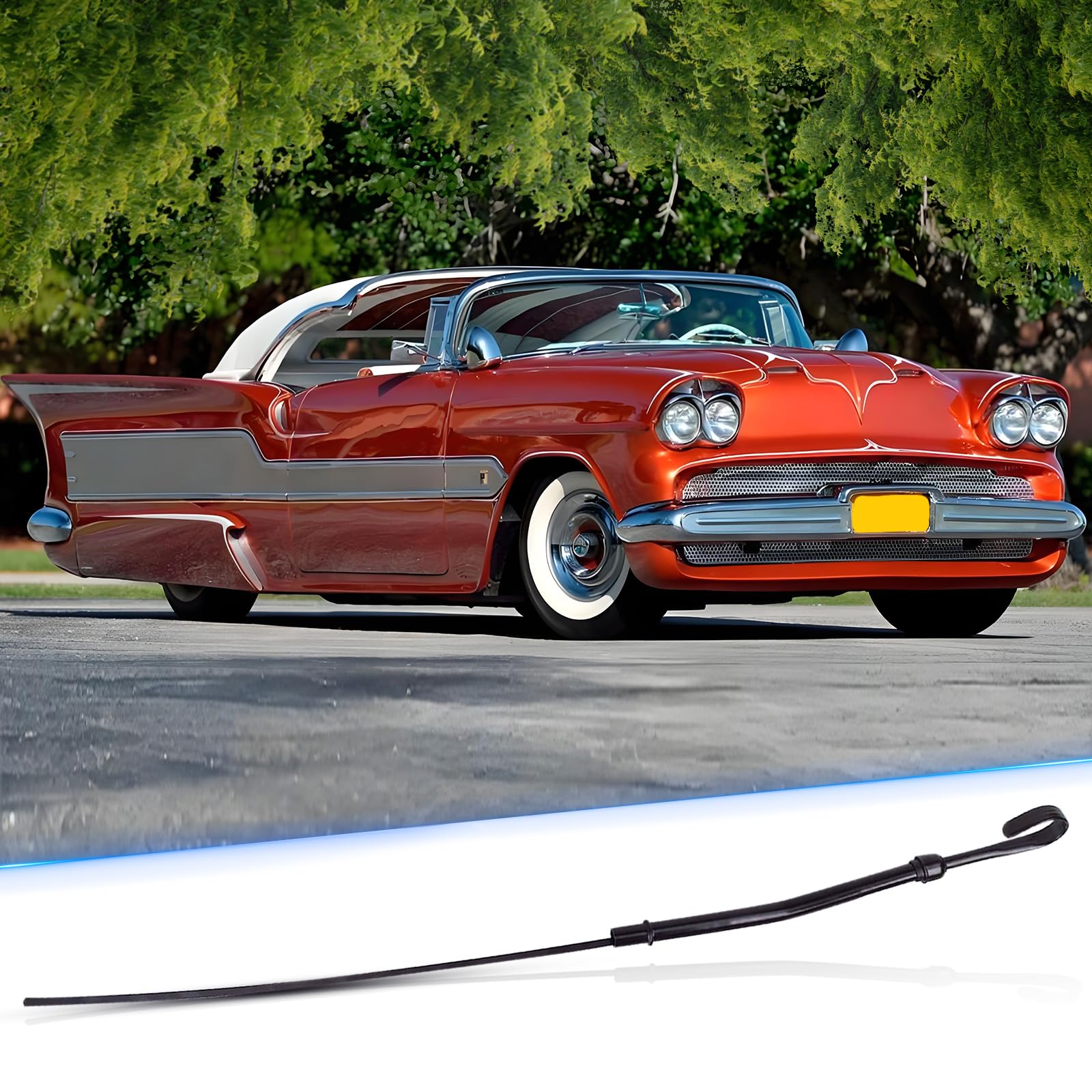 Flylin dipstick staged in restoration garage showing OEM look and classic car compatibility