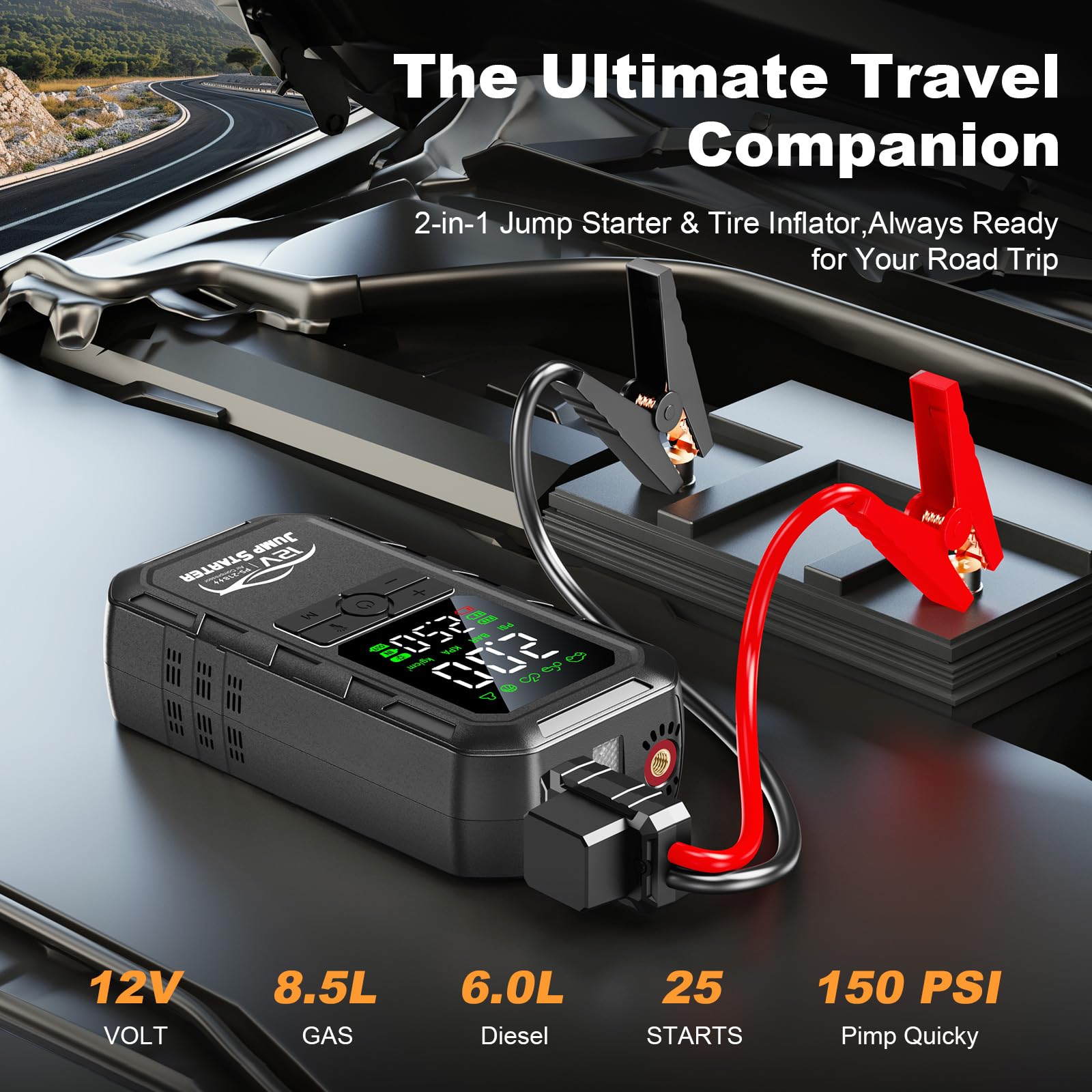 FMOOO digital air compressor display and hose showing fast inflation benefit
