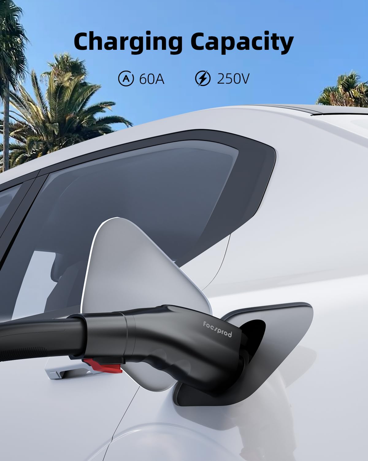 FOCSPROD adapter plugged into a J1772 vehicle port enabling convenient Level 2 charging