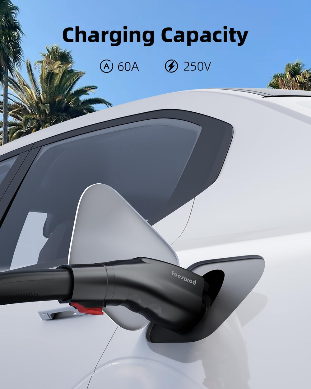FOCSPROD adapter plugged into a J1772 vehicle port enabling convenient Level 2 charging