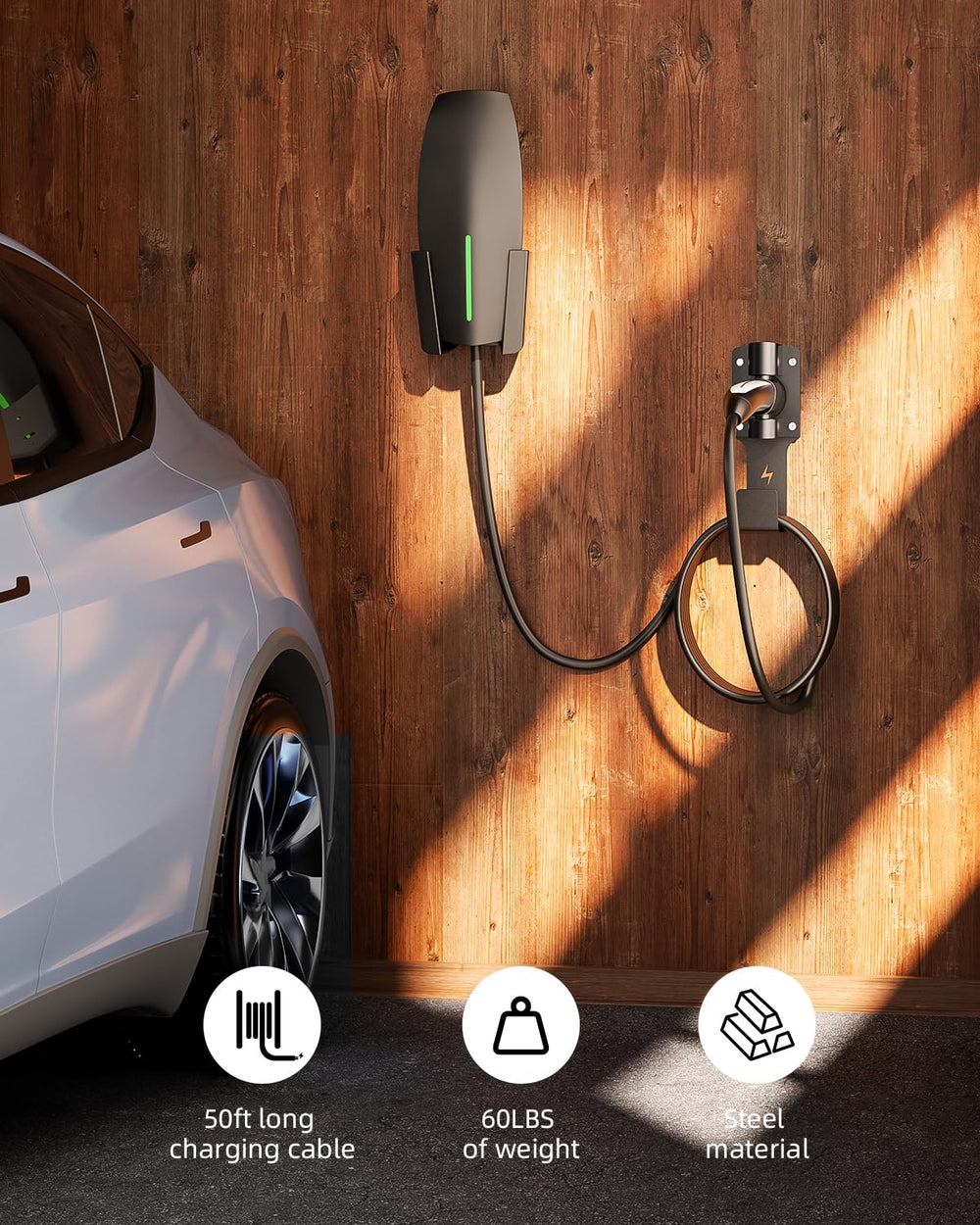 FOCSPROD holder installed in garage demonstrating organized charging setup and neatness