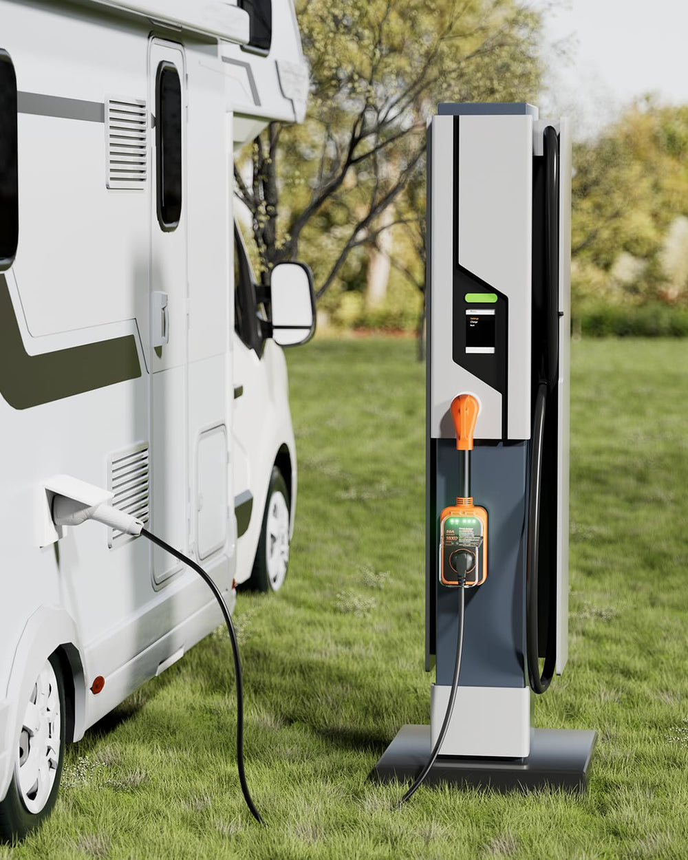 FOCSPROD next to RV socket showing scale and 50 amp compatibility