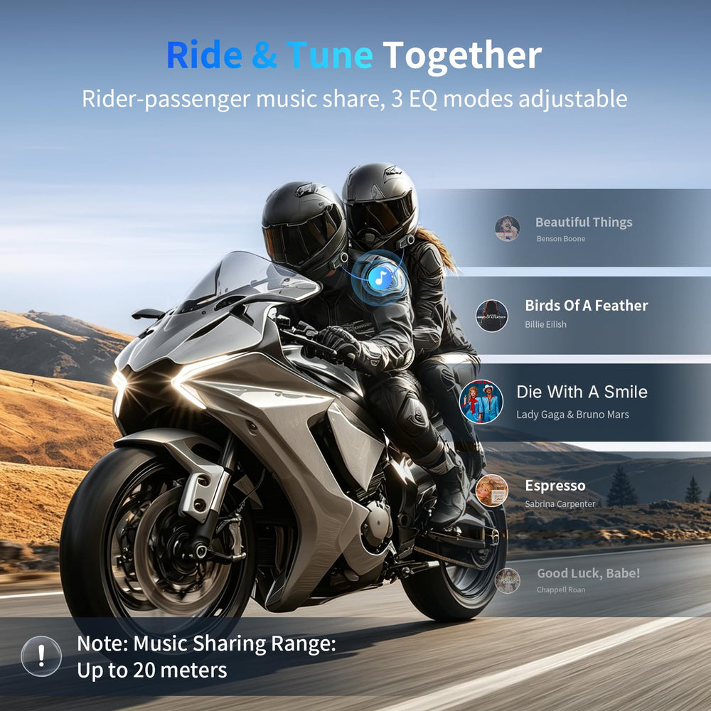 Fodsports FX7 riders sharing music on road showing music share feature and passenger enjoyment benefit