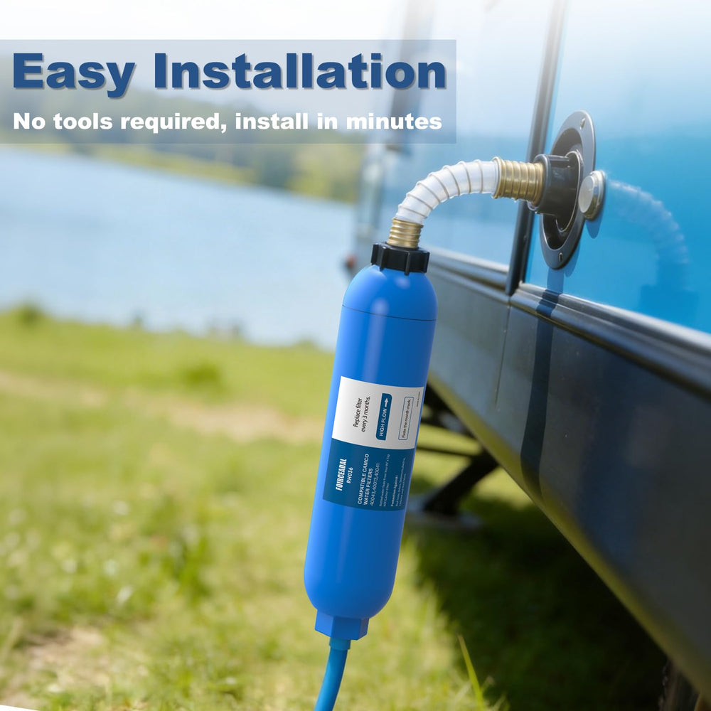 FOIRCEADAL filter connected to RV spigot proving easy hookup and fresher water benefit