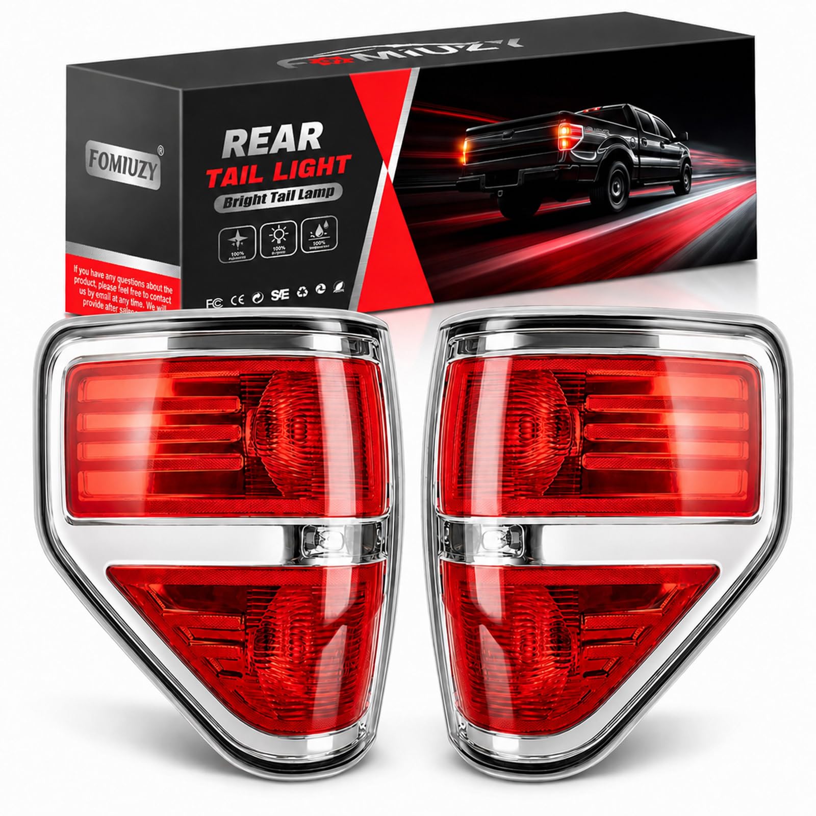 FOMIUZY packaged taillights showing complete replacement set and warranty