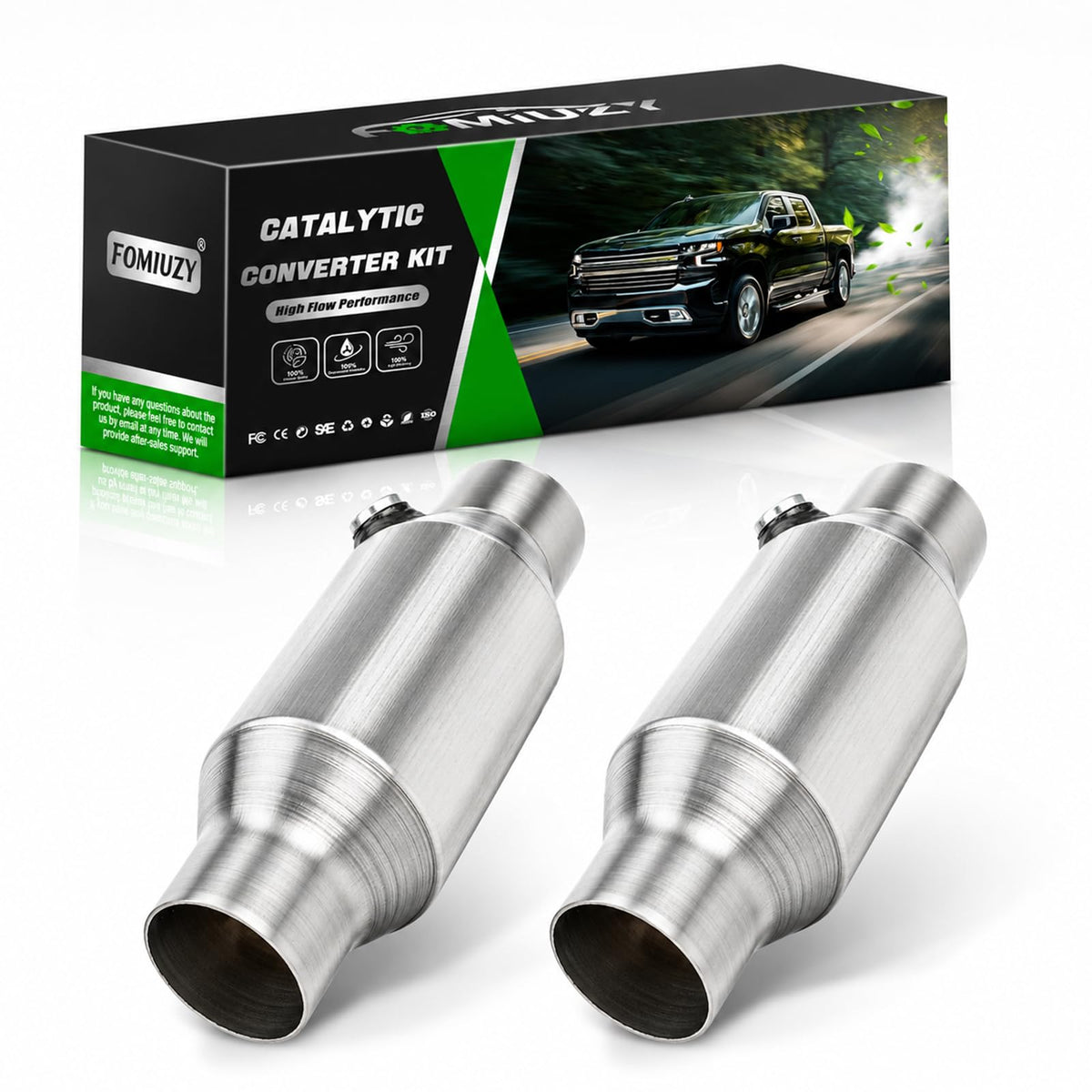 FOMIUZY full front catalytic converter view showing direct-fit advantages