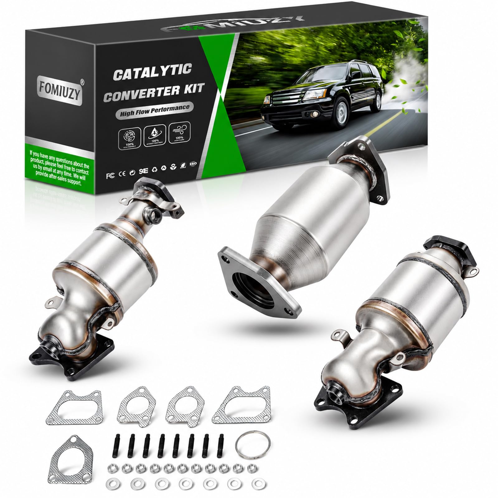 FOMIUZY front view of catalytic converter showing robust stainless steel construction and fitment
