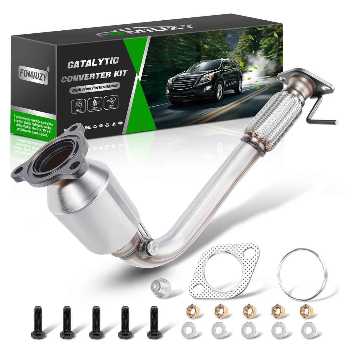 FOMIUZY front catalytic converter installed on vehicle showing fit and improved emissions control
