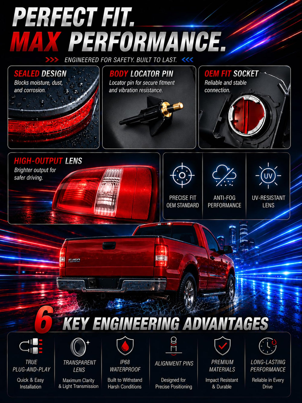 FOMIUZY tail light beside ruler showing correct dimensions and fit benefit