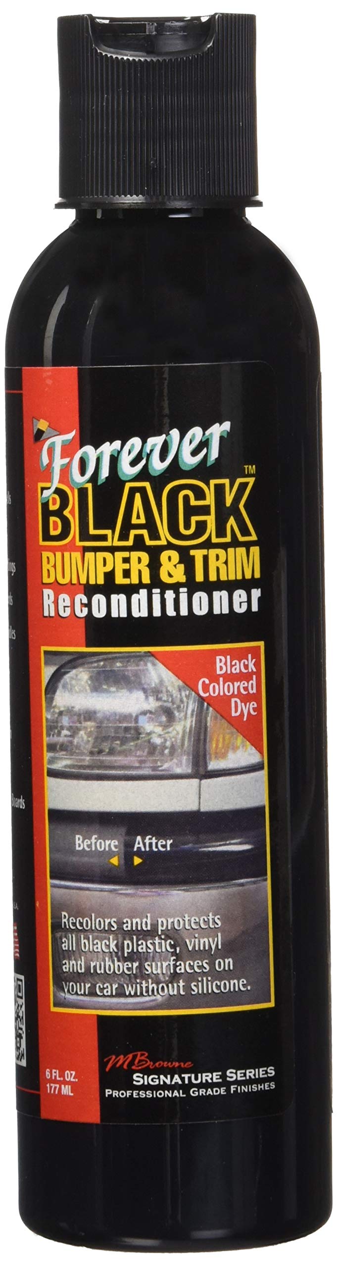 FOREVER BLACK front packaging showing 6oz bottle, restores trim quickly