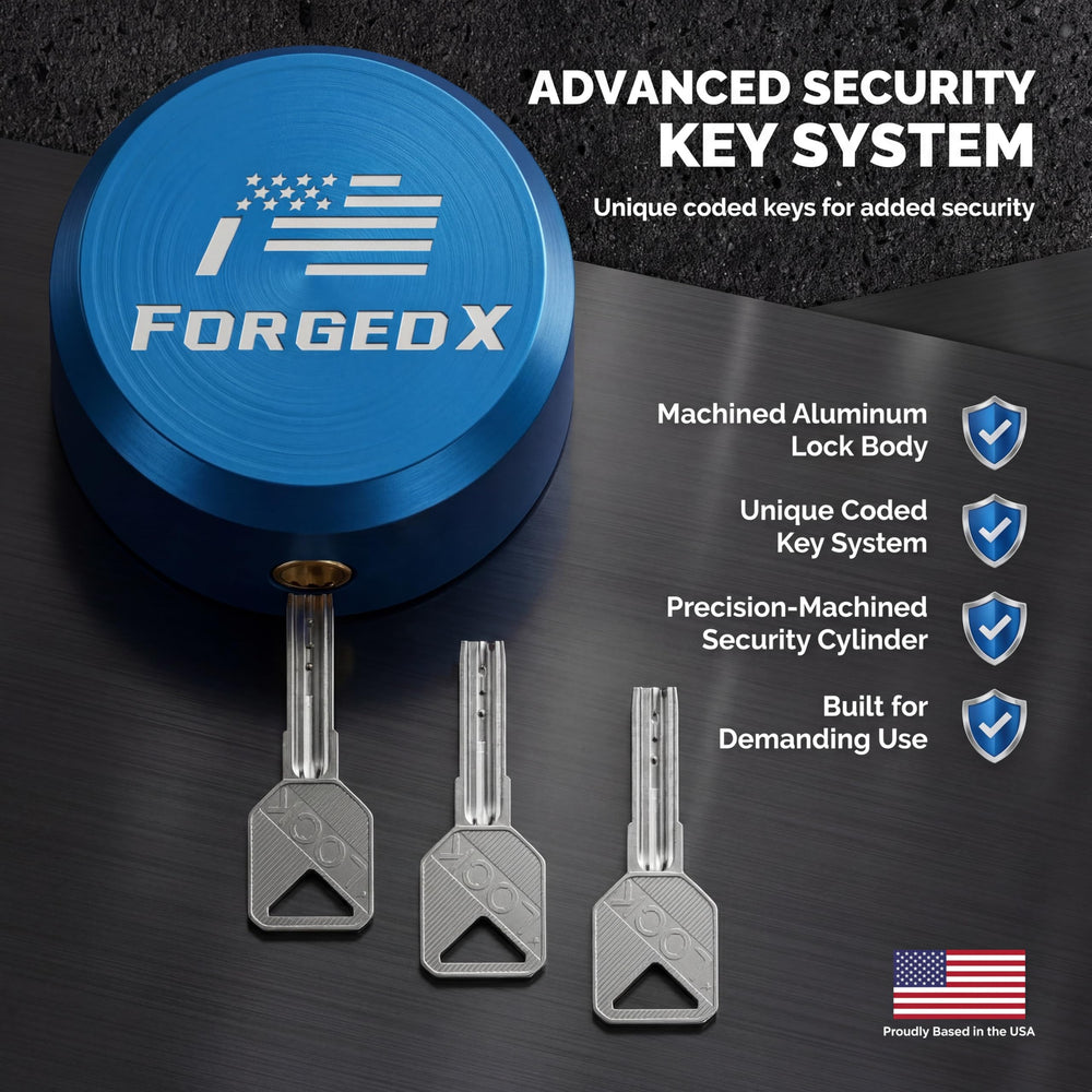 FORGEDX keys beside the lock illustrating the unique non-duplicable key system