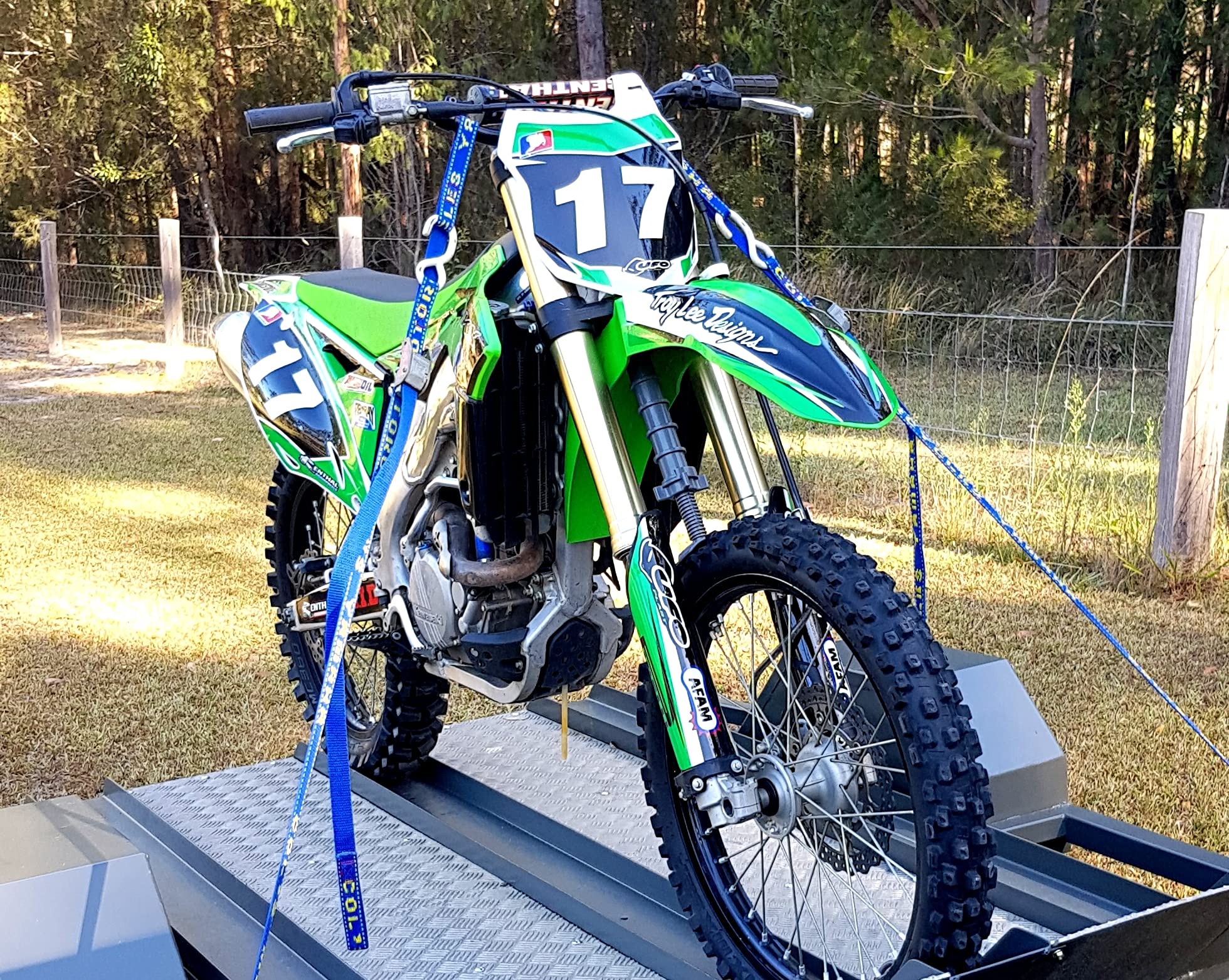 Fork-King in use on trailer stabilizing a dirt bike during transport