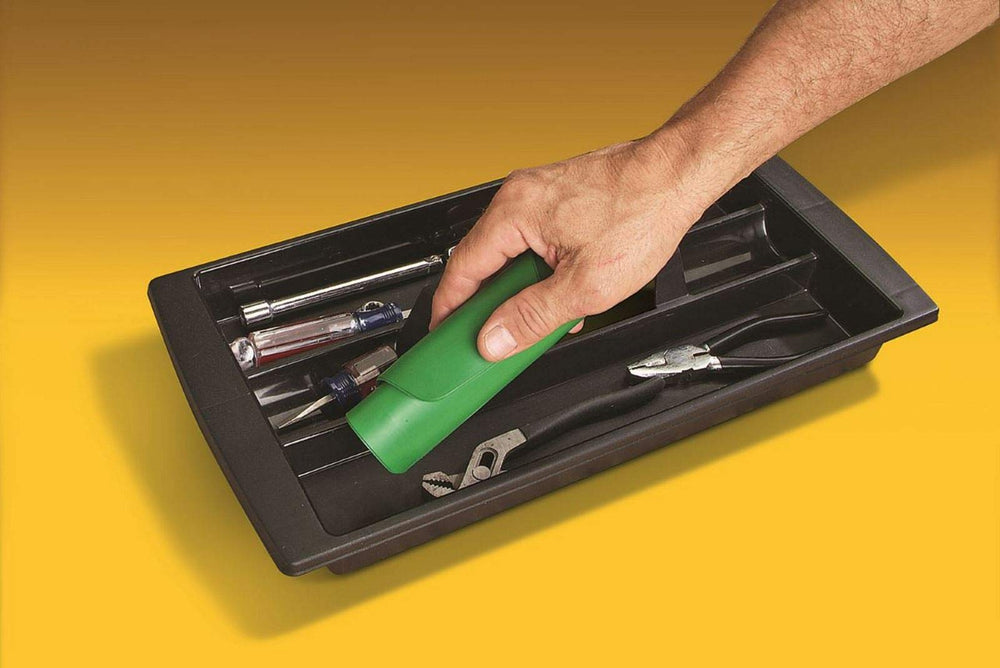 Form-A-Funnel next to wrench showing scale and easy carry for mechanics