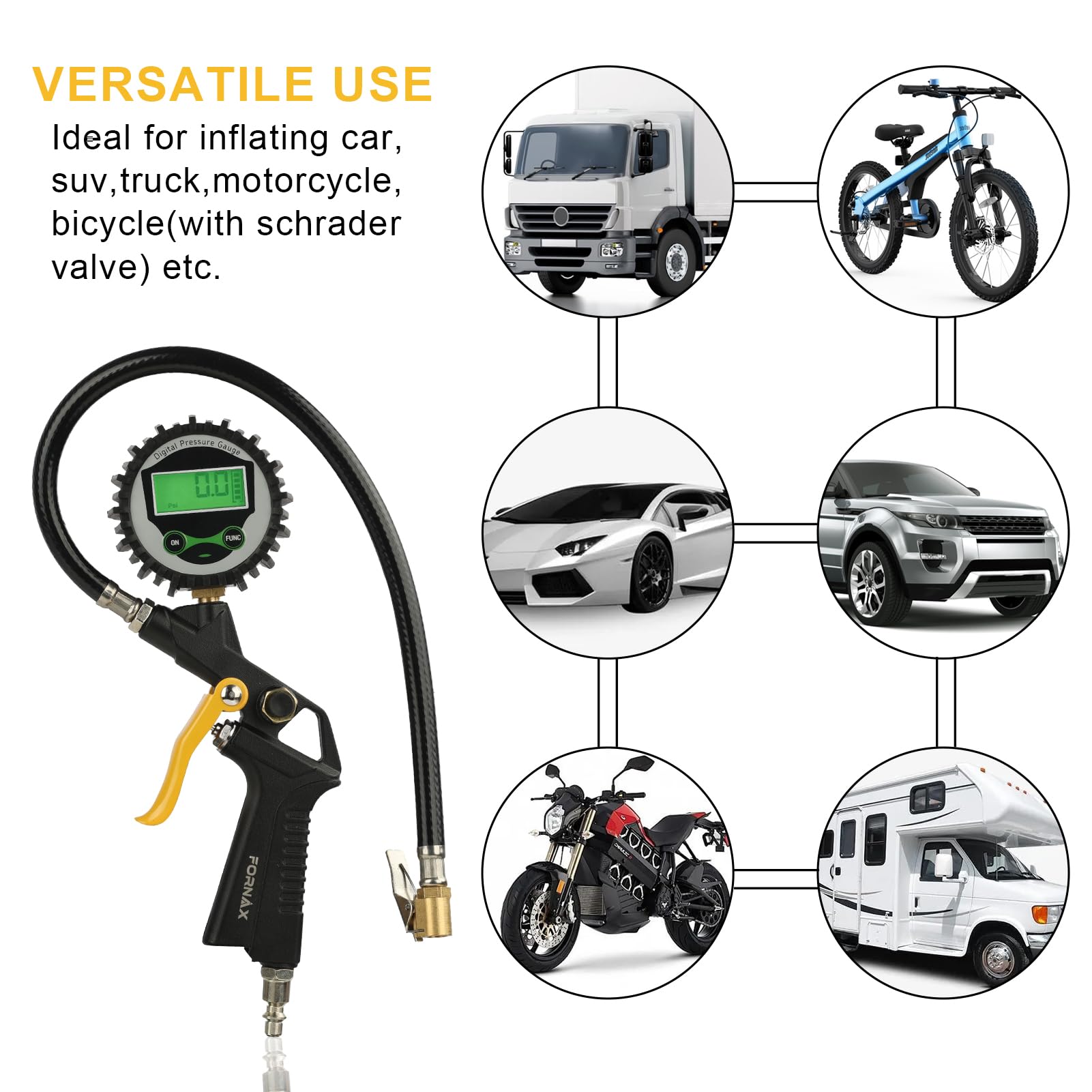 FORNAX inflator connected to car tire demonstrating accurate pressure checking