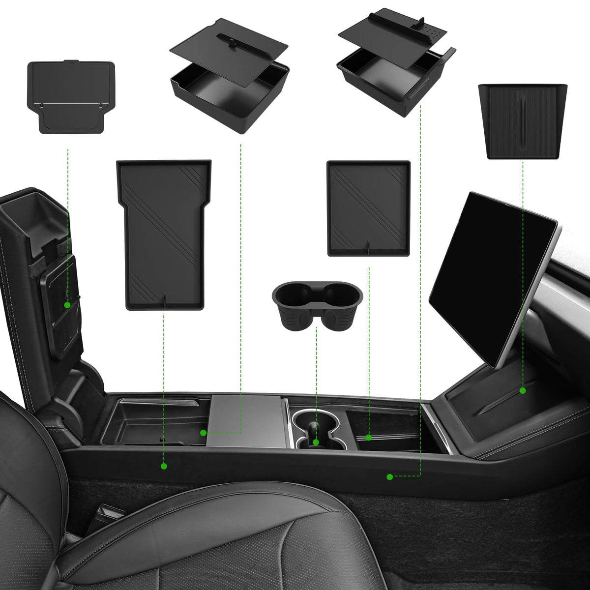 Foronetry front view showing neat console fit and organized storage benefit