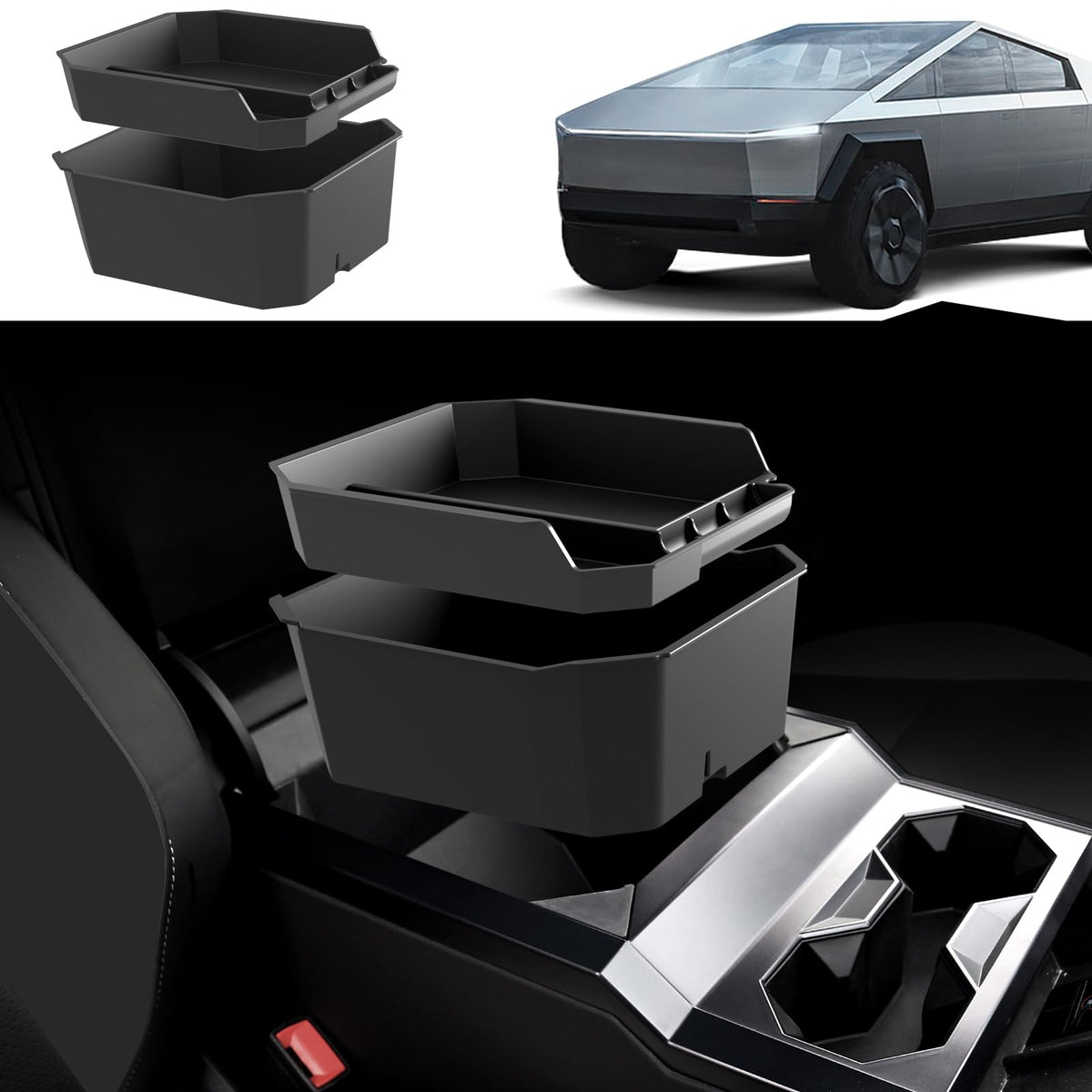 Foronetry front view of organizer showing neat console storage benefit