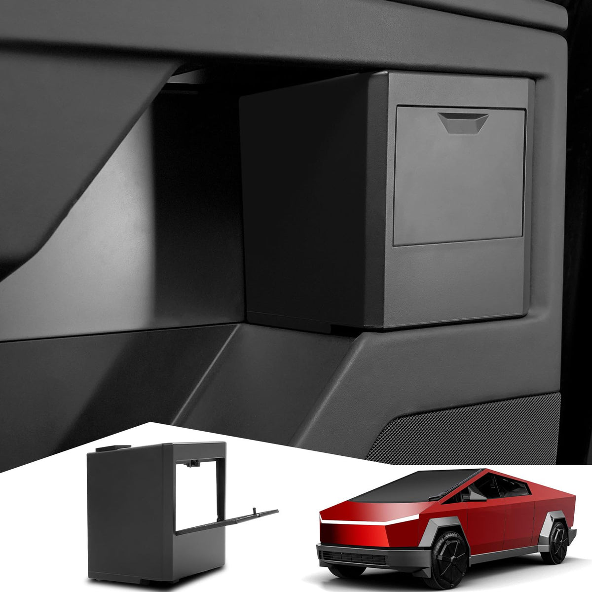 Foronetry front view installed in Cybertruck door showing neat storage benefit