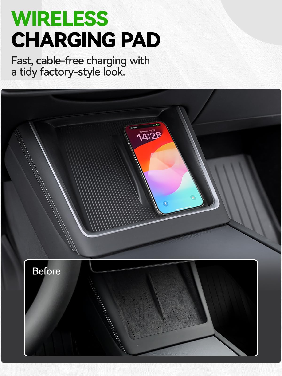 Foronetry lifestyle shot inside Model 3 Highland illustrating tidy cabin