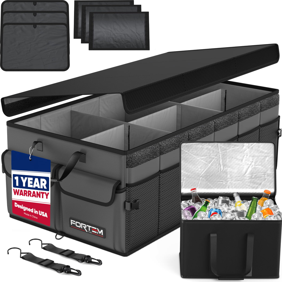 FORTEM front view showing organized compartments and sturdy box design for tidy trunks