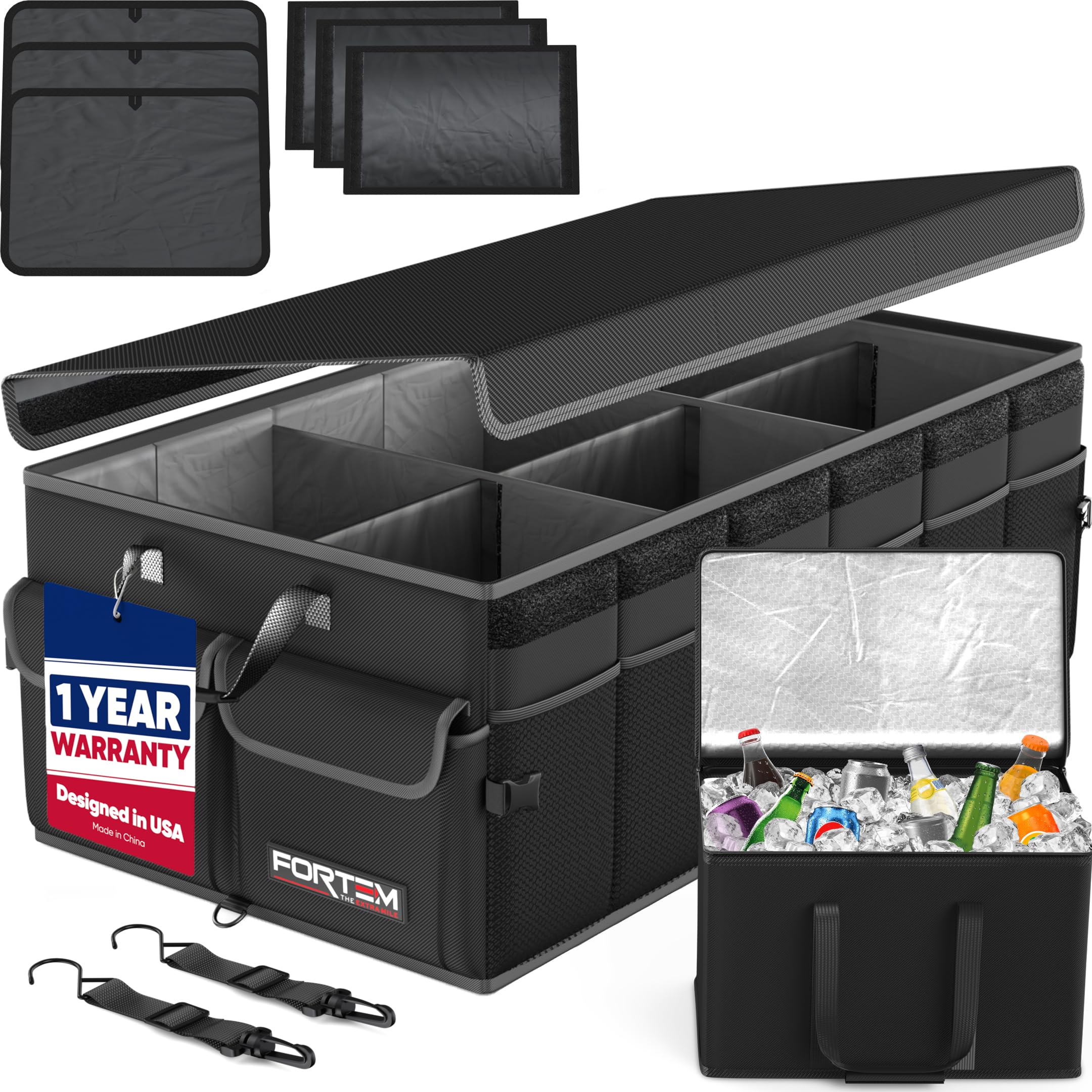 FORTEM front view of trunk organizer showing compartments and sturdy construction benefit tidy storage