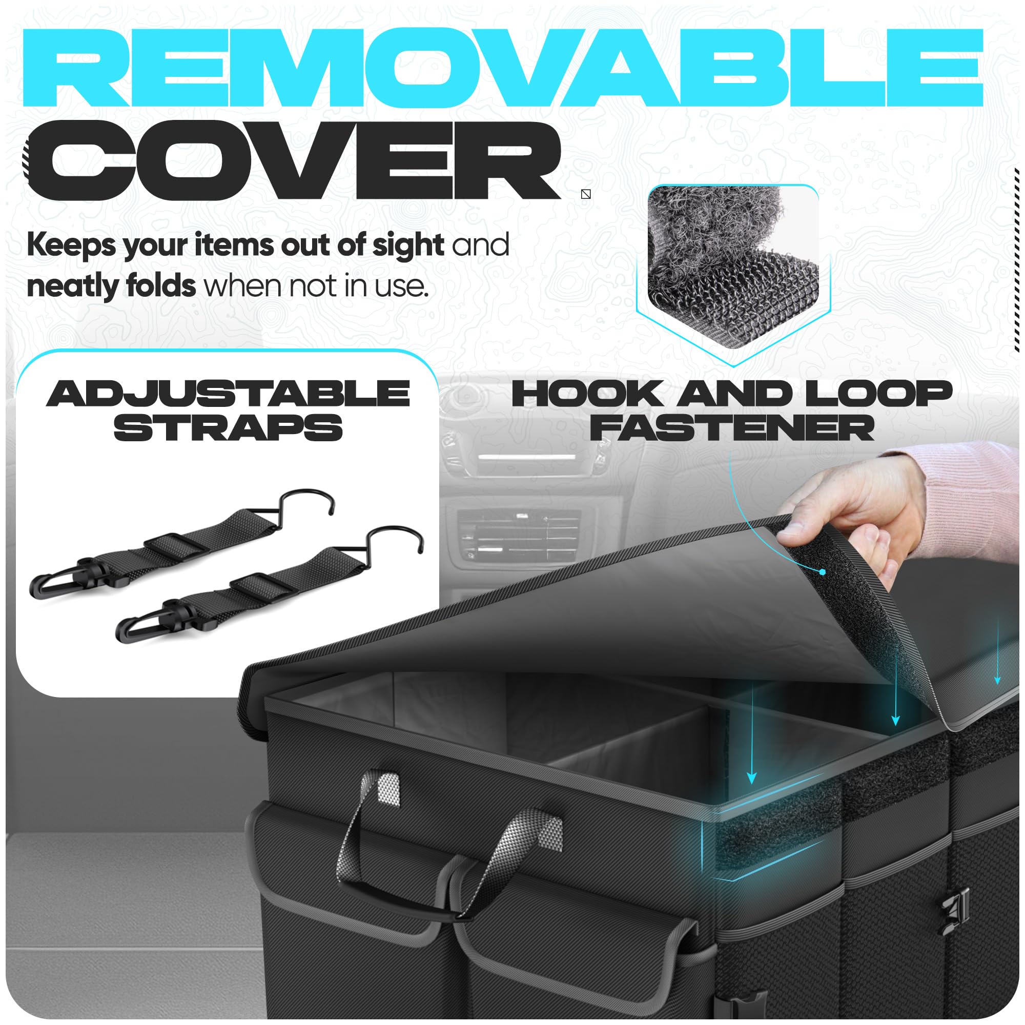 FORTEM organizer installed in SUV trunk illustrating non-slip straps and secure transport benefit