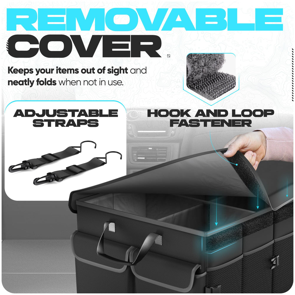 FORTEM organizer installed in SUV trunk illustrating non-slip straps and secure transport benefit