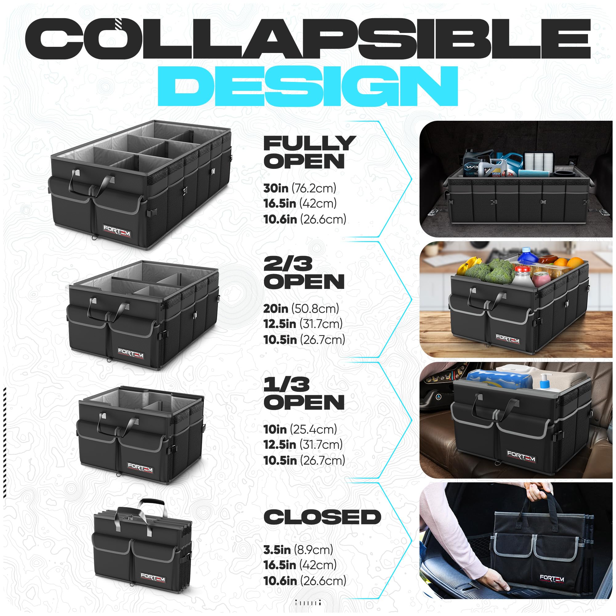 FORTEM installed in a vehicle trunk preventing movement and keeping items organized