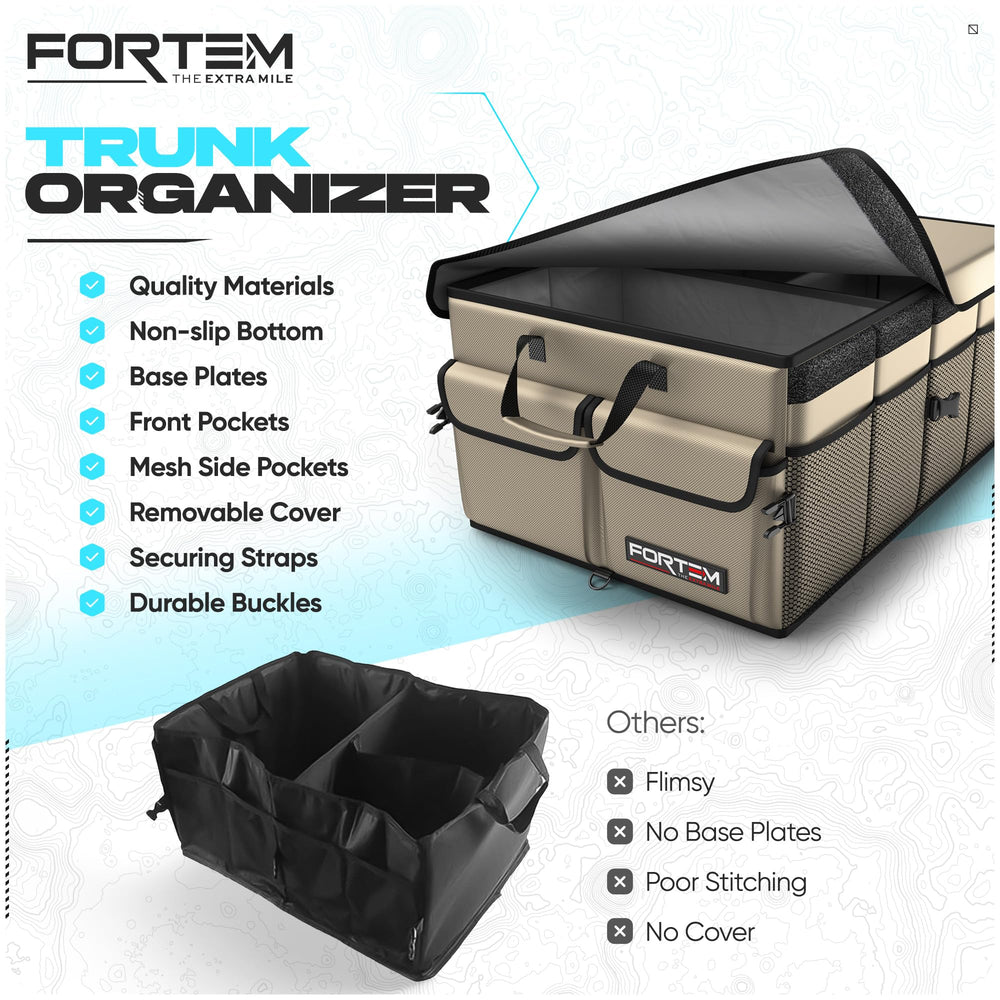 FORTEM lifestyle shot with groceries and gear demonstrating tidy trunk benefit: travel-ready