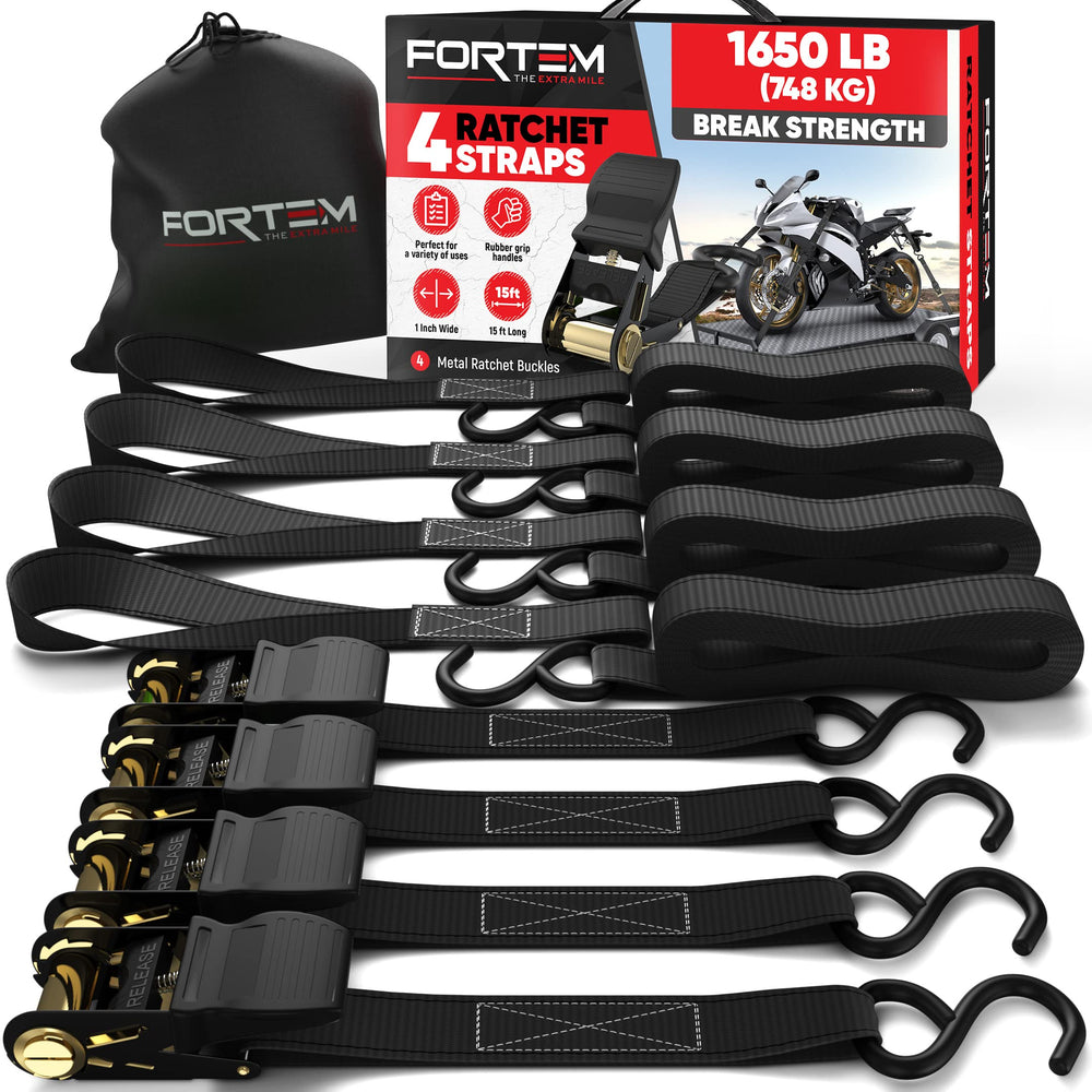 FORTEM ratchet straps front packaging showing complete 4-pack kit and pouch benefit